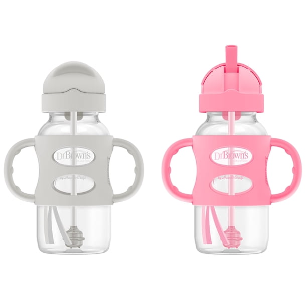 Botella Sippy Straw Dr. Brown's Milestones 270 ml, gris y rosa