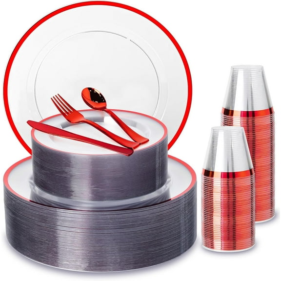 600PCS Red Disposable Plates, Heavy Duty Plastic Dinnerware Set for 100 Guests Includes 100 Dinner & Dessert Plates, Cups, Spoons, Forks, and Knives, Perfect for Parties, Weddings,and Daily Use