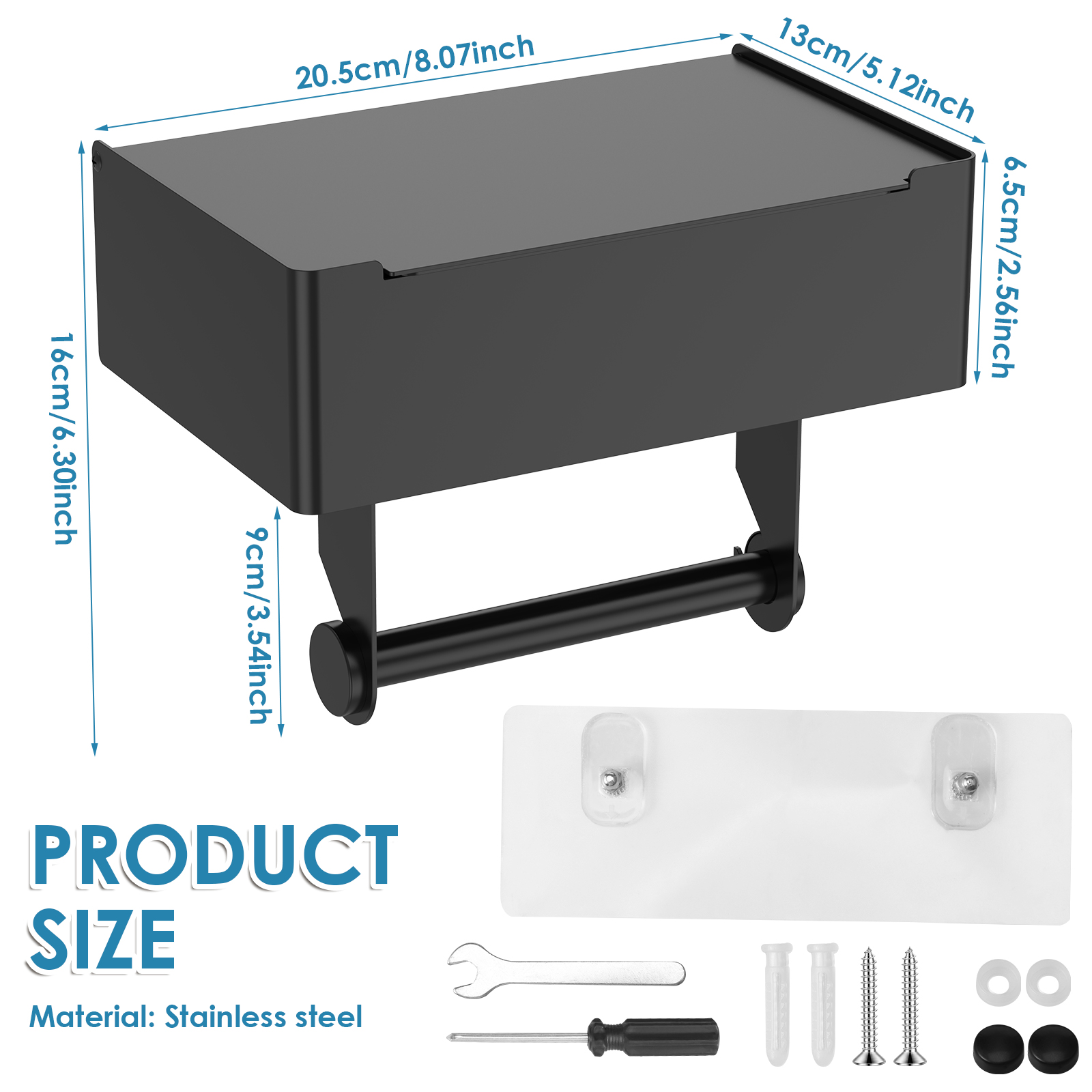 20.5cm Stainless Steel Toilet Paper Holder 3 in 1 Multifunctional Toilet Roll Holder Enduring issue and Wipe Stand for Bathroom