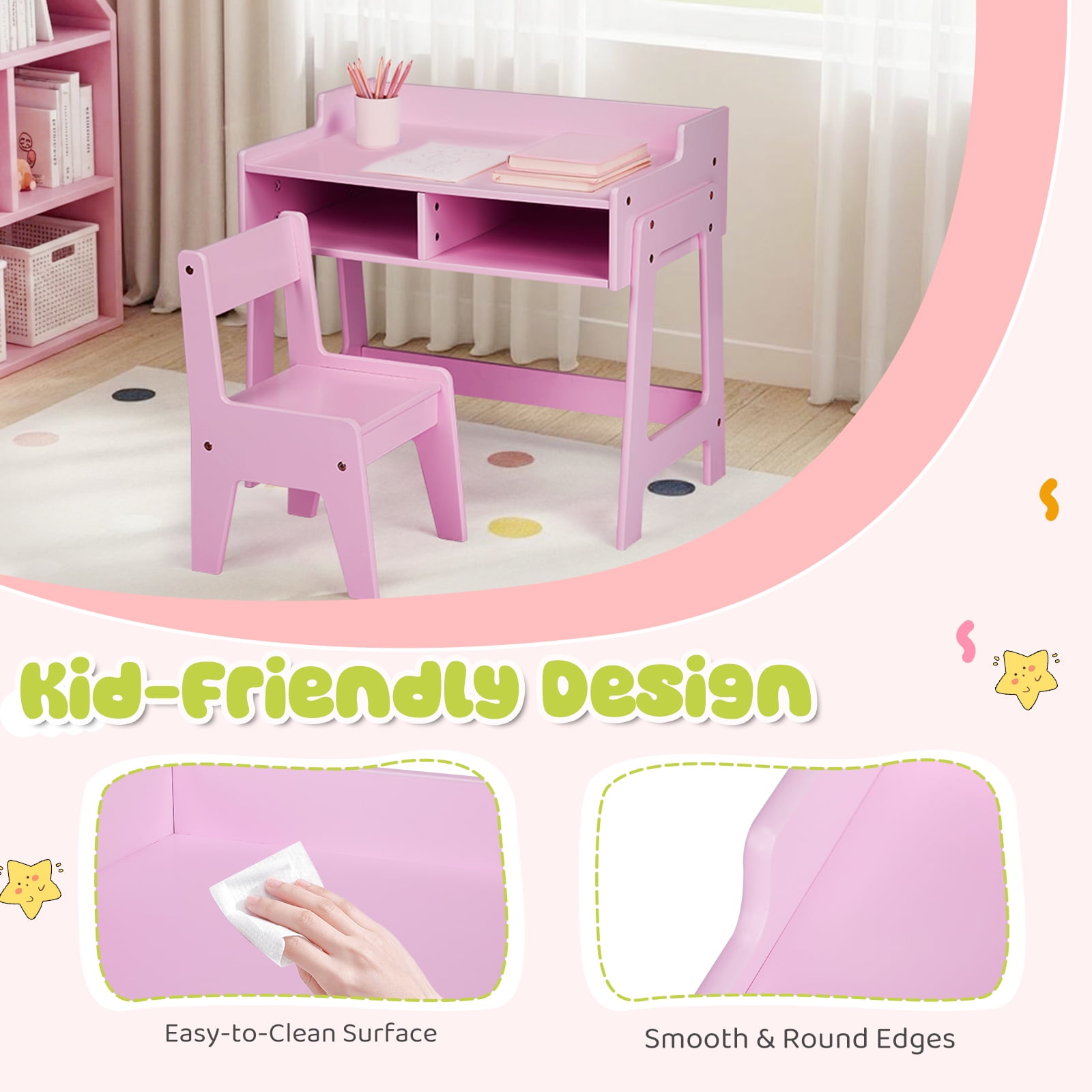 GoDecor Kids Study Desk and Chair set, Children Learning Table with 2 Storage Draws, Small Toddler Desk for Home School, Pink