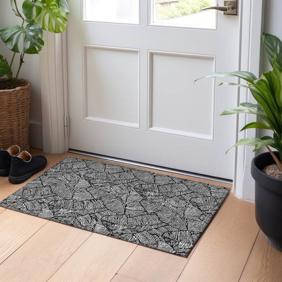 Addison Rugs Chantille Indoor/Outdoor Transitional Floral Black Washable Rectangle Rug, 1'8" x 2'6"