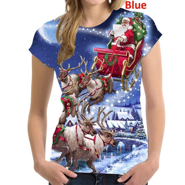 Camiseta navideña para mujer, camisetas de manga corta con cuello redondo 3d para niñas, moda de Corea, camisetas de Navidad para mujer, ropa de gran tamaño para mujer 2024