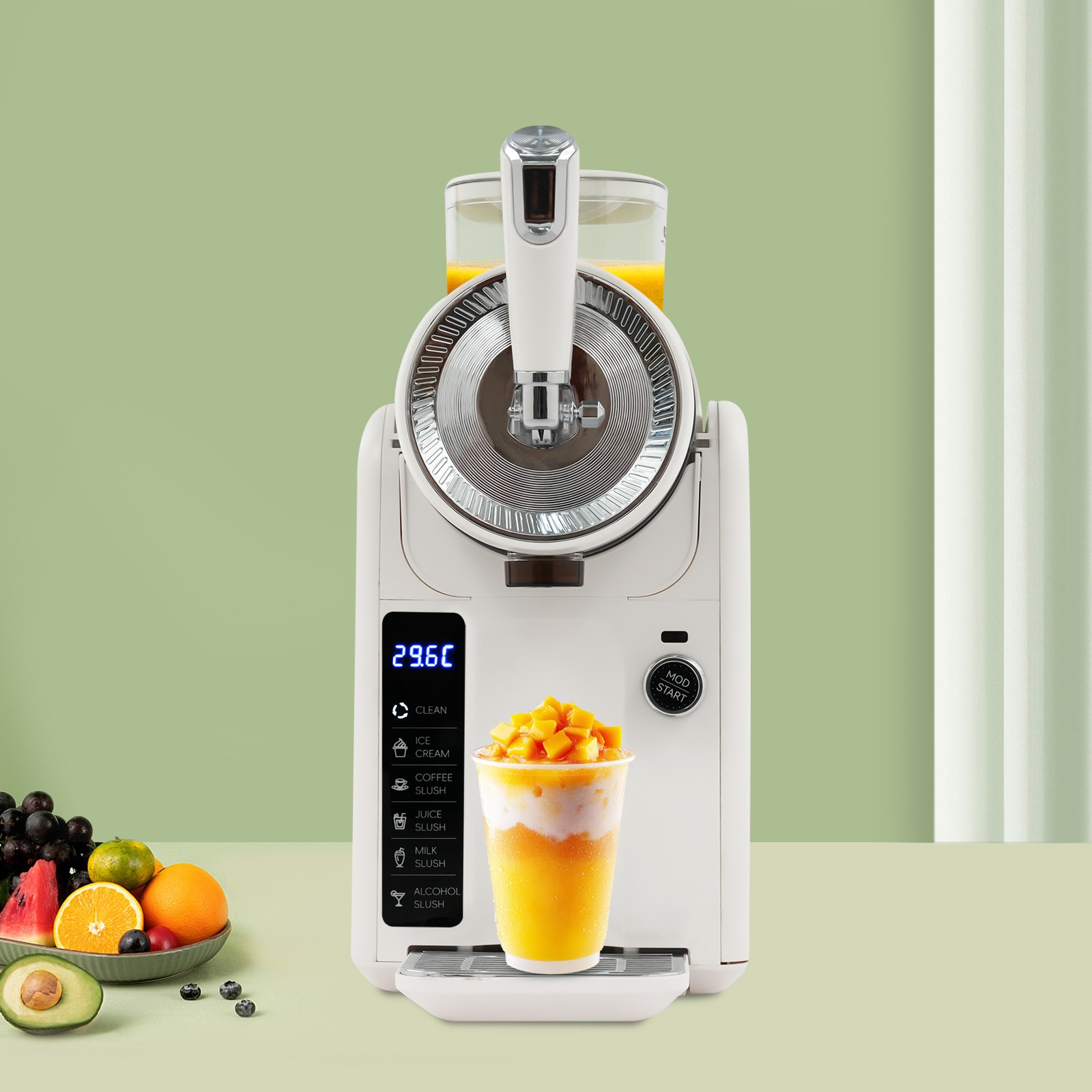 Slushie Machine, Automatic Frozen Drink Maker with 6 Modes for Slush, Ice Cream, Smoothies, Cocktails, 185W Motor, LED Display, Self-Cleaning, Includes Ice Cream Molds, Beige, 110V