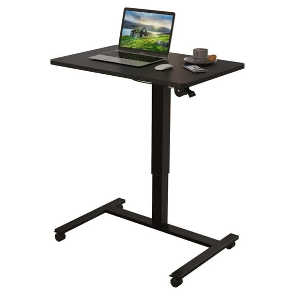 Pneumatic Mobile Desk, Gas-Spring Height Adjustable Sit to Stand Desk, Overbed Laptop Table Computer Cart with Lockable Casters, Portable Work Table for Home, Office, Black
