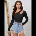 thumbnail image 4 of Camiseta de Mujer con Cuello Asimétrico, Hombros Descubiertos, Larga, Acanalada, Ajustada, para Salir, con un Solo Hombro Negro L, 4 of 10