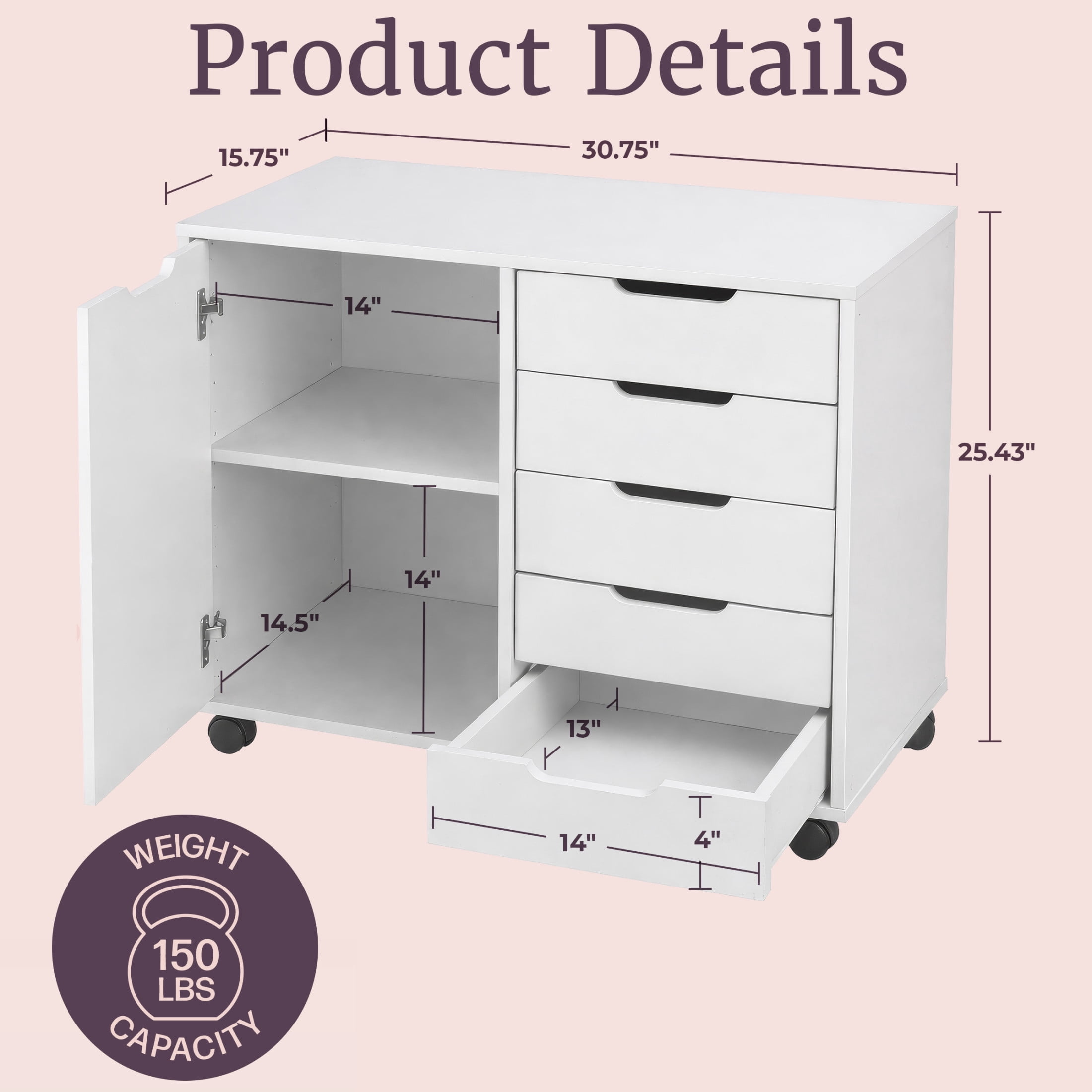 Lavish Home 5 Drawer Office Storage Cabinet with Door and Adjustable Shelf (White)