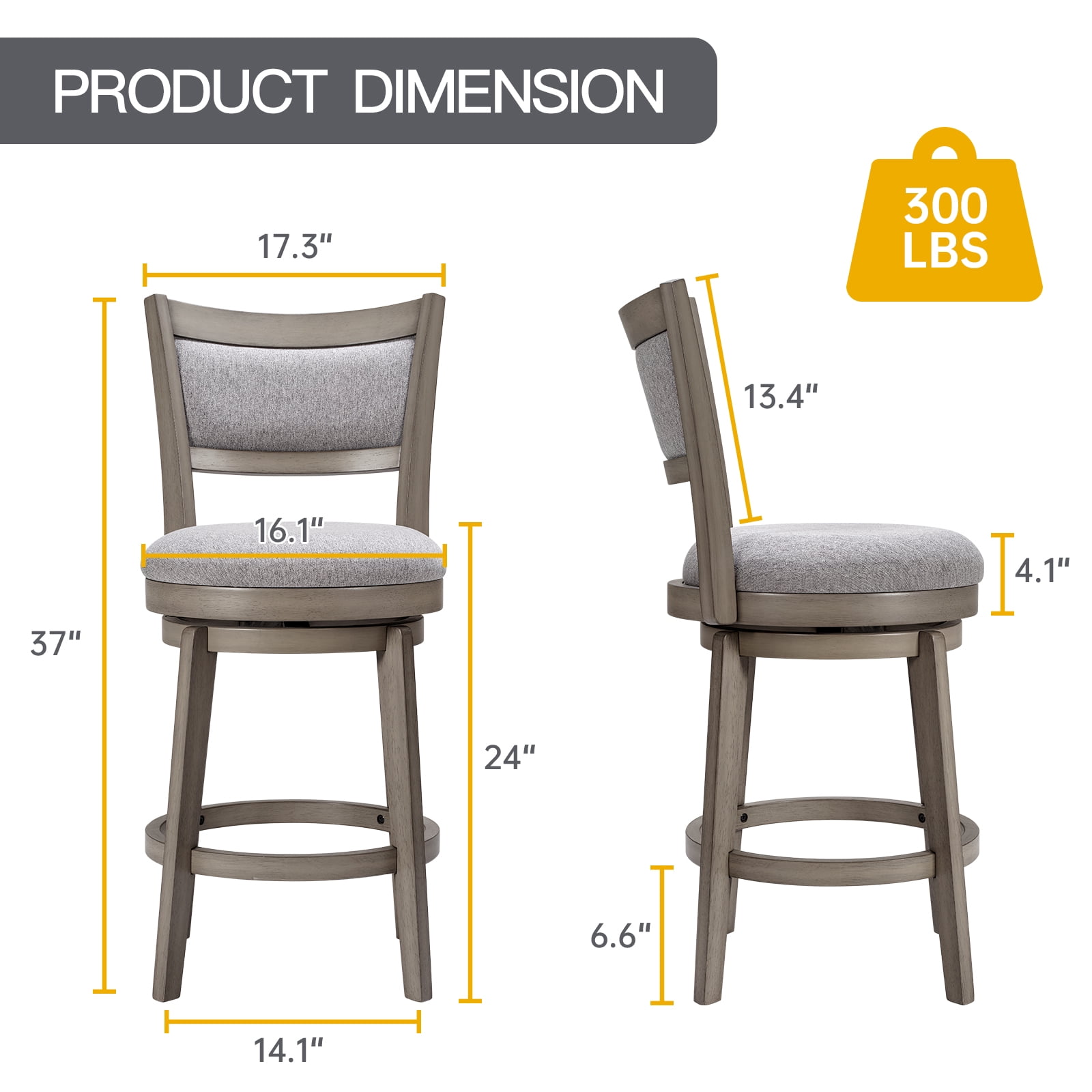 24 Inch Counter Height Swivel Bar Stools Set of 2 Barstools with High Back Pub Seat Stools Set for Kitchen Island, 4 Pack
