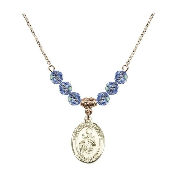 18-Inch Hamilton Gold Plated Necklace with 6mm Light Blue September Birth Month Stone Beads and Saint Simon the Apostle Charm