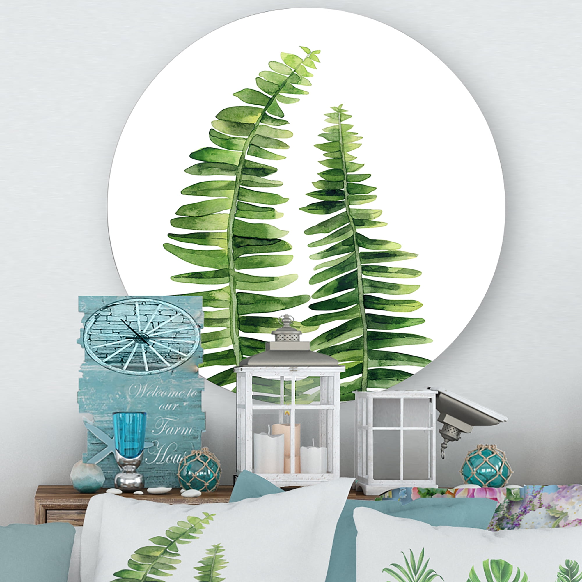 Designart 'Fern Plant Leaves Detail IV' Farmhouse Circle Metal Wall Art 23x23 - Disc of 23