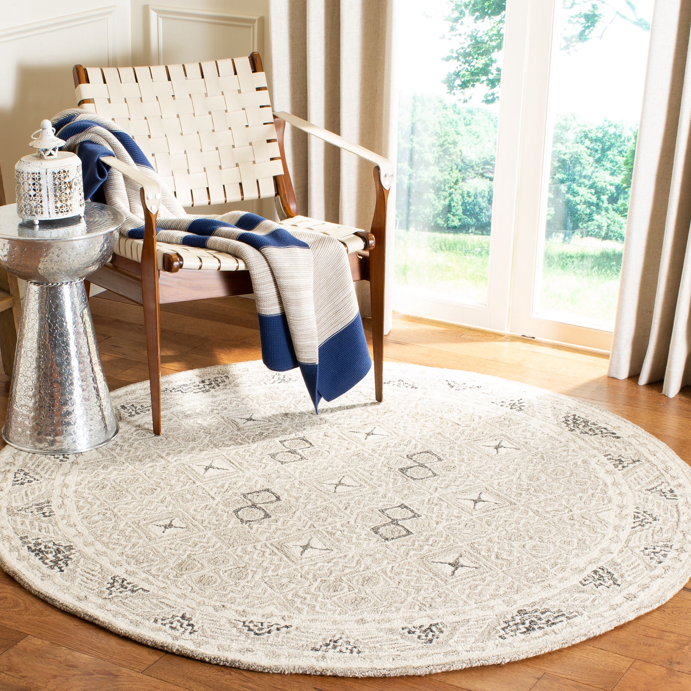 SAFAVIEH Micro-Loop Aditya Geometric Area Rug, Grey/Ivory, 7' x 7' Round