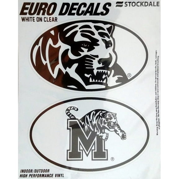 University of Memphis Tigers 2-Piece White and Clear Euro Decal Sticker Set, 4x2.5 Inch Each
