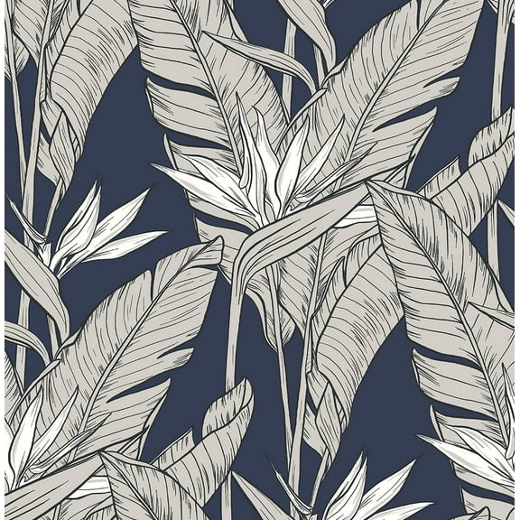 Stacy Garcia Home  Birds of Paradise Peel and Stick Wallpaper 20.5 in. W x 18 ft. L - Navy Blue & Metallic Pewter
