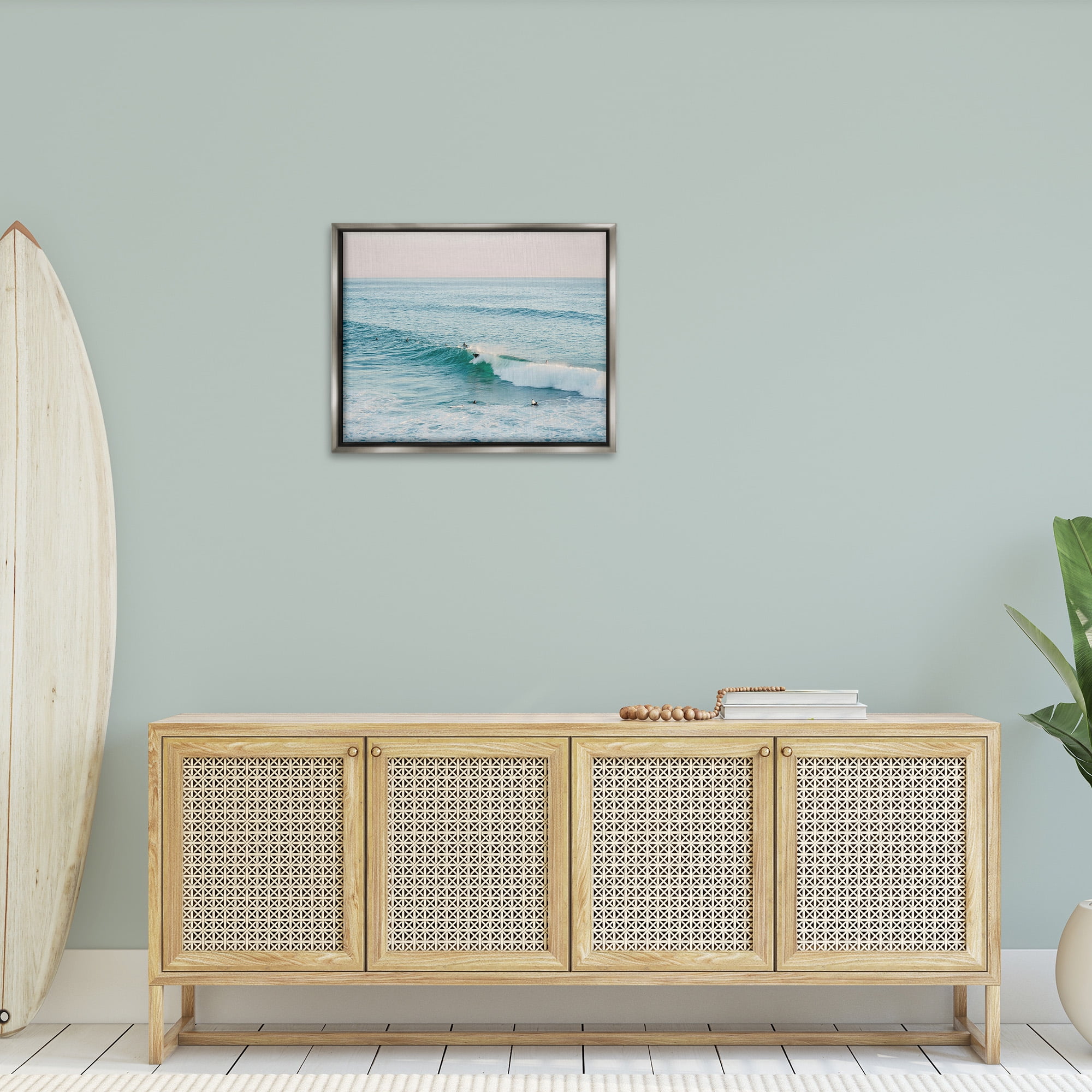 Stupell Industries Surfers Riding Waves Landscape Photography Gray Floater Framed Canvas Art Print Wall Art, 31 x 25