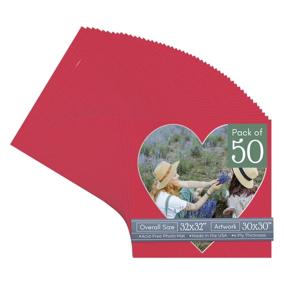 Deep Red Picture Frame Mat for 32x32 Frames - Heart Opening for 30x30 Photos - 50 Mats