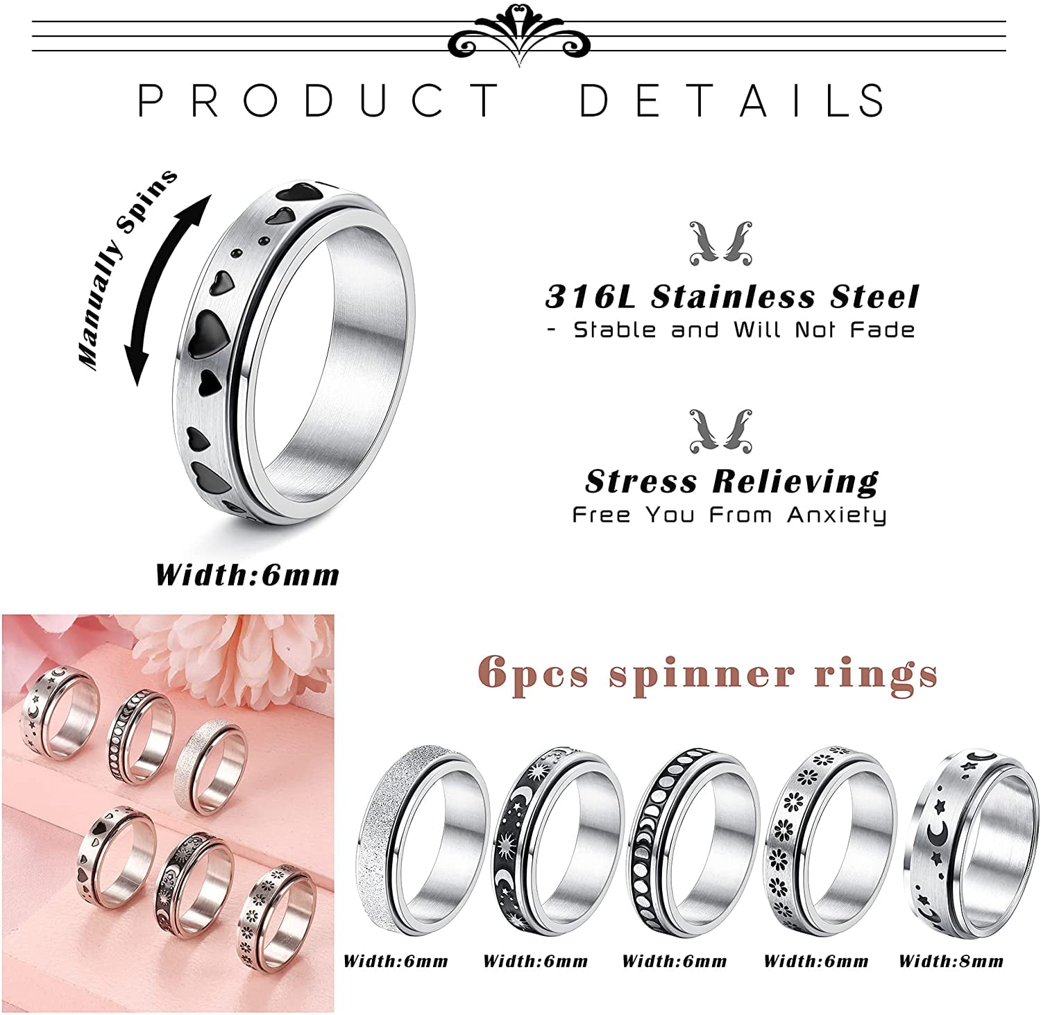 Thunaraz Fidget Ring Spinner Ring Anxiety Ring Fidget Rings for Anxiety for Women Stainless Steel Rings