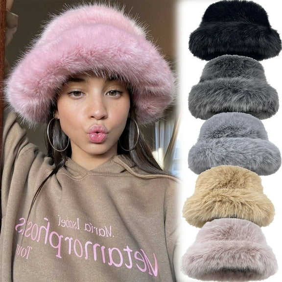 Dalrosia Winter Bucket Hat Fluffy Faux Fur Fisherman Plush Warm Hats Cute Fuzzy Bucket Hat for Women