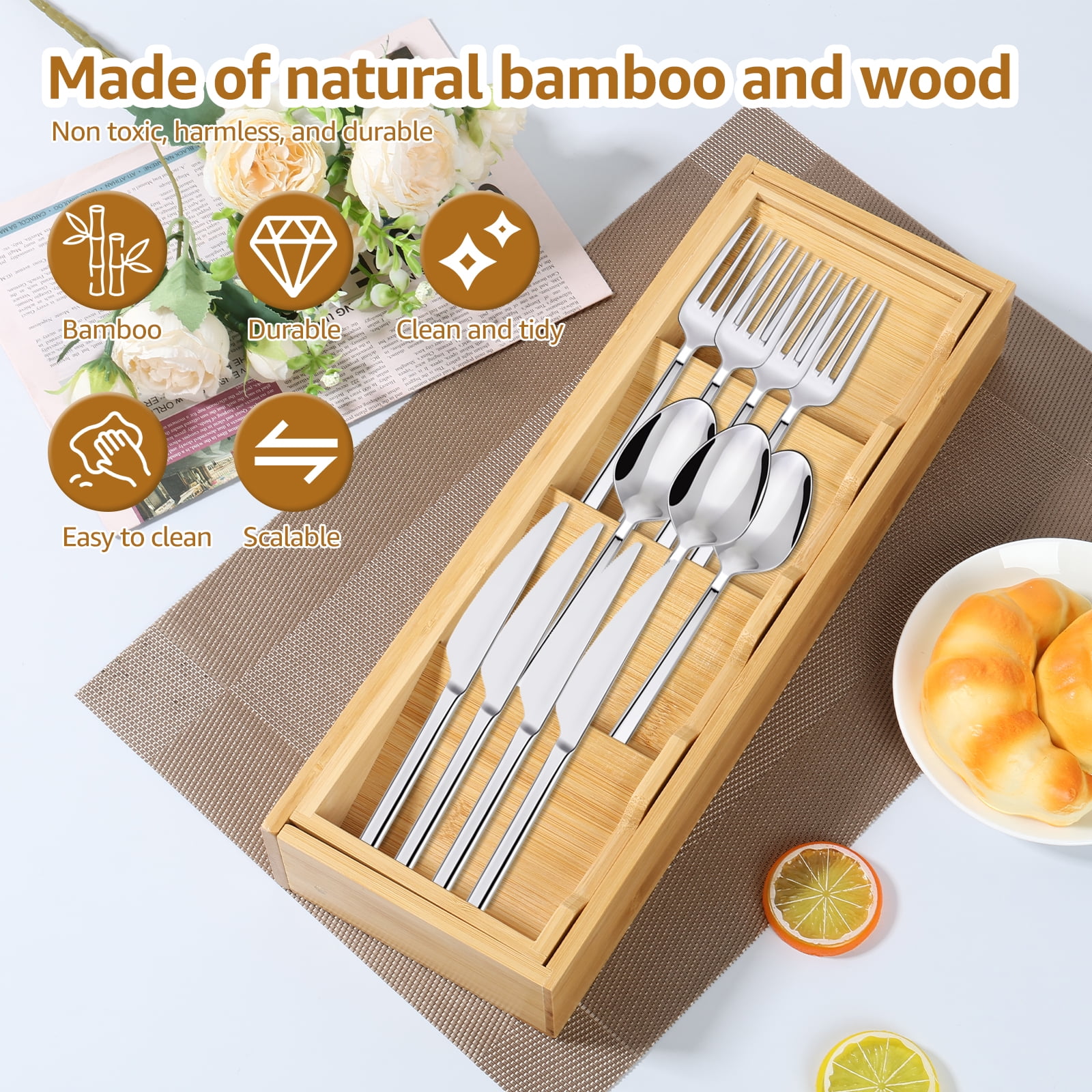 Kitchen Drawer Organizer Expandable Cutlery Tray Silverware Organizer Bamboo Utensil Tray Holder with 5 Compartment Flatware Sorting Tray for Tableware Fork Chopstick