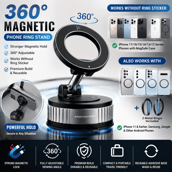 Universal Phone Vacuum Magnetic Holder, 360° Rotation Strong Suction for Car & Mirror