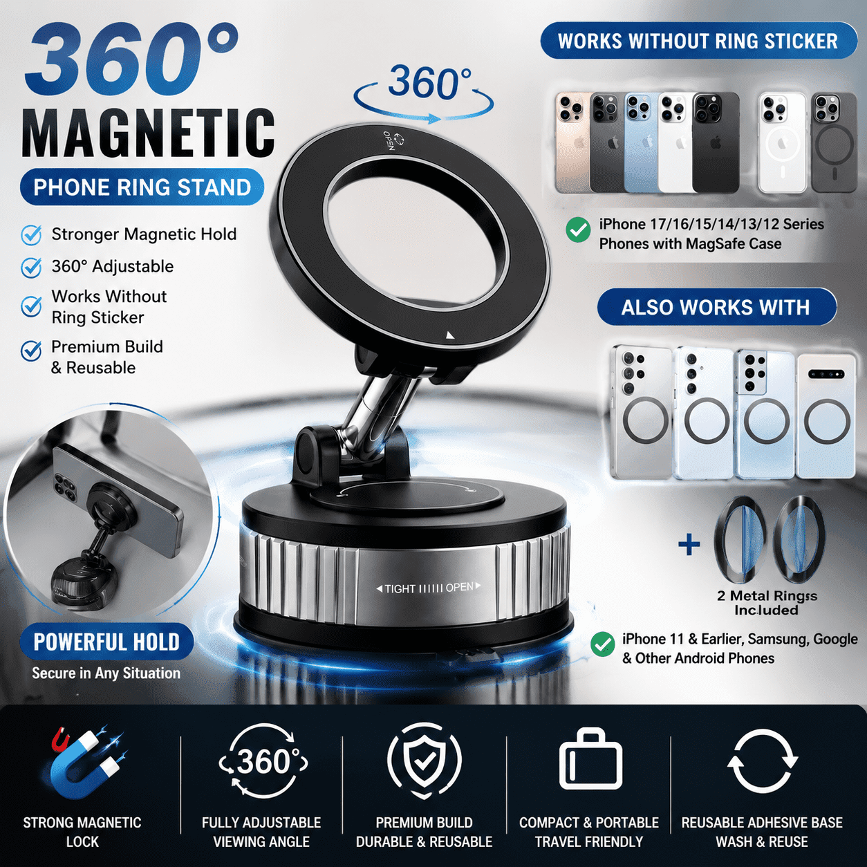 Universal Phone Vacuum Magnetic Holder, 360° Rotation Strong Suction for Car & Mirror