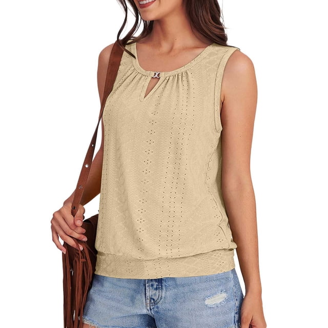 Womens Tops, Womens Solid Tank Keyhole V Neck Tank Summer For Eyelet Embroidered Loose, Holiday Gifts, S