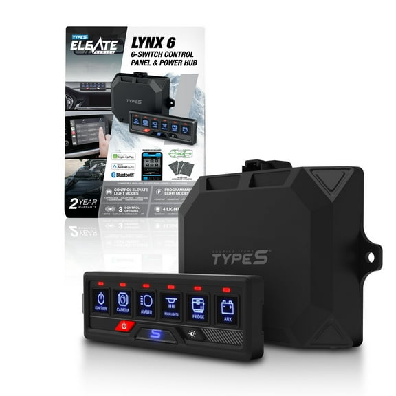 TYPE S - Elevate LYNX 6 - 6-Switch Control Panel & Power Hub - 12V Universal 6 Gang Switch Box, Works with CarPlay, Android Auto & App, RGB Keypad, Programmable Modes, Bluetooth