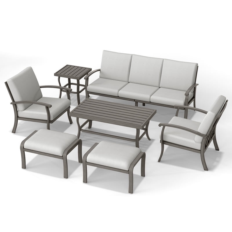 7 Piece Aluminum Patio Furniture Set, 3-Seat Outdoor Sofa with Ottomans and Armchairs, Outdoor Sectional Sofa with Side Table and Coffee Table, Garden Conversation Set
