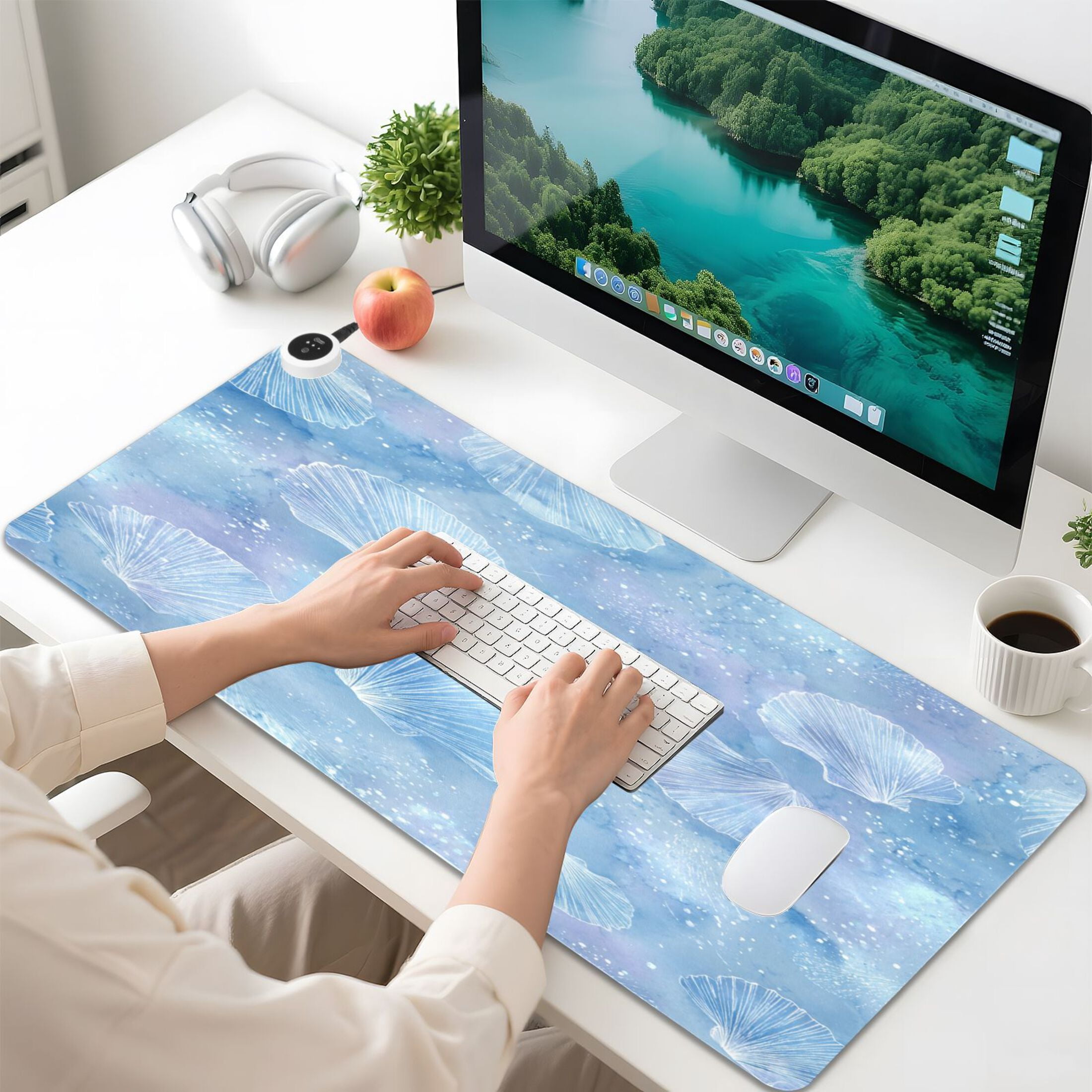 Large Heated Desk Mat Mouse Pad 31.5"x13"PU Leather Graphene Heating Desk Warmer with 3 Temperature Settings 110V US Plug Non-Slip Warm Pad for Home, Office, and Gaming Blue Sea Shell Pattern