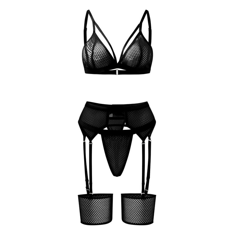 Womens Black Lace Corset Bustier Bra & Panty Lingerie Garter Set - 3 PC