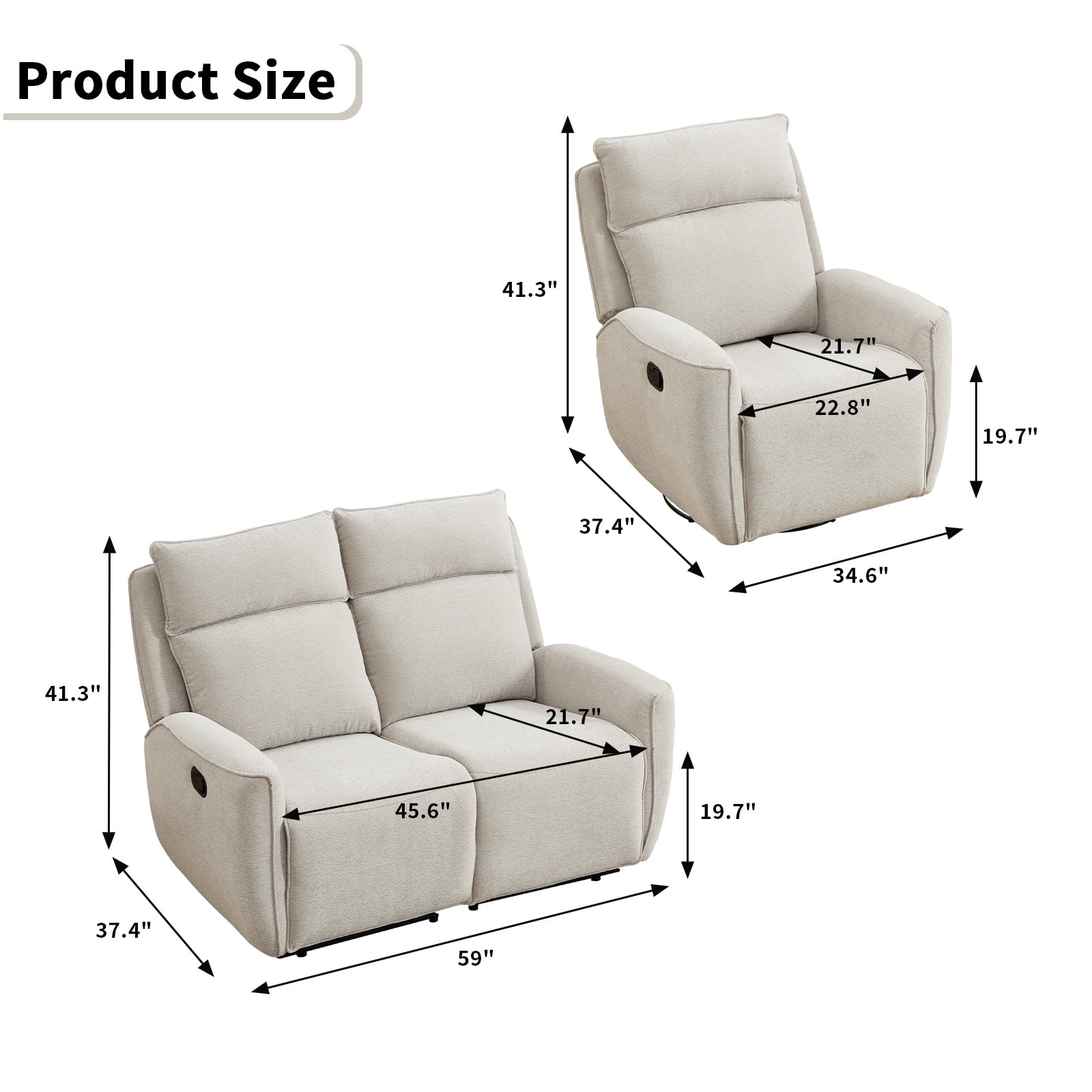 Bonzy Home Fabric Manual Recliner Sofa Set — Single Recliner & Loveseat with Center Console, Hidden Storage & Cup Holders