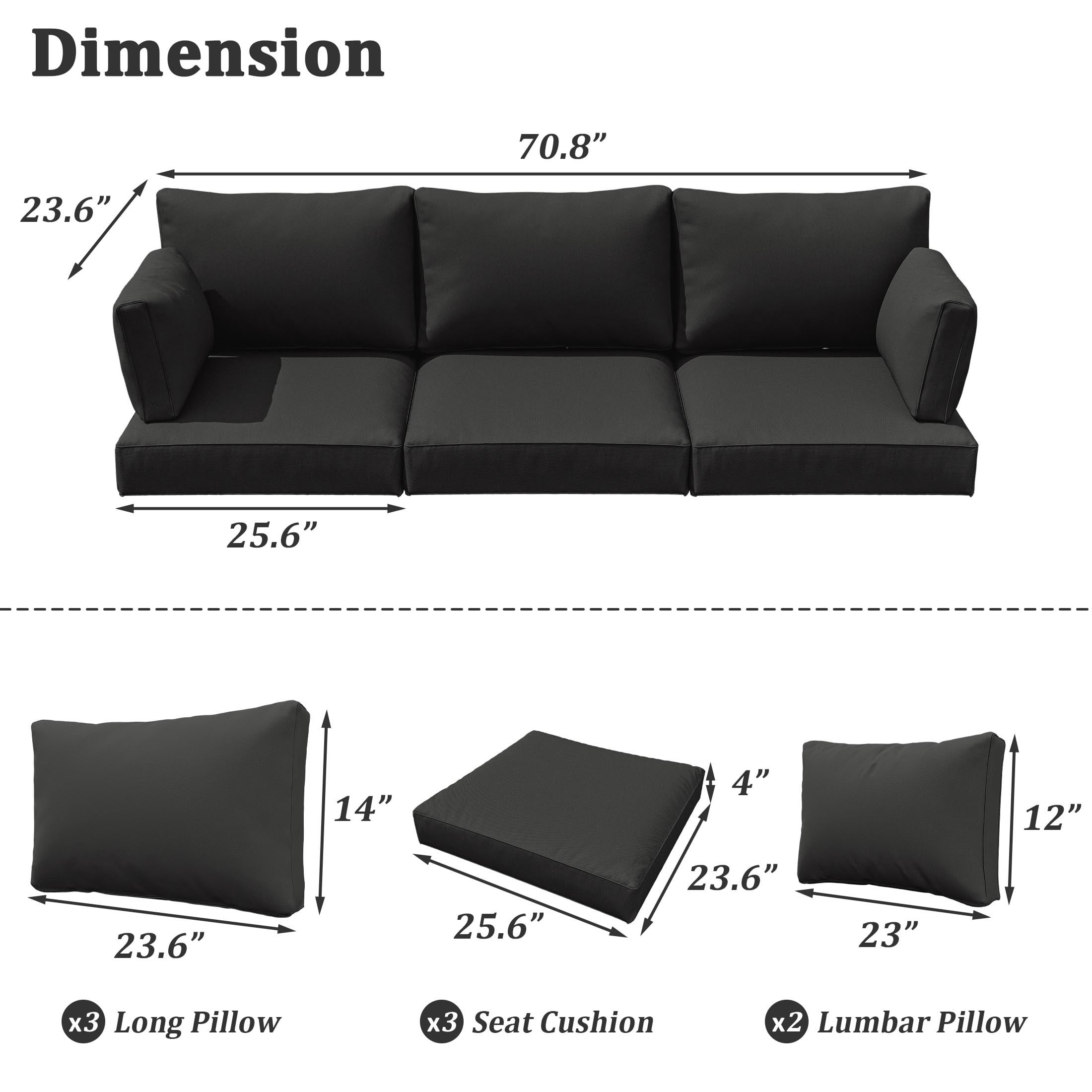 Pakunoda Outdoor Cushions Replacement, 8 Piece Sectional Cushion Fits 3-Seat, 4” Foam Deep Seat, for Patio Rattan Wicker Replacement Cushion, Liner&Cover, Black