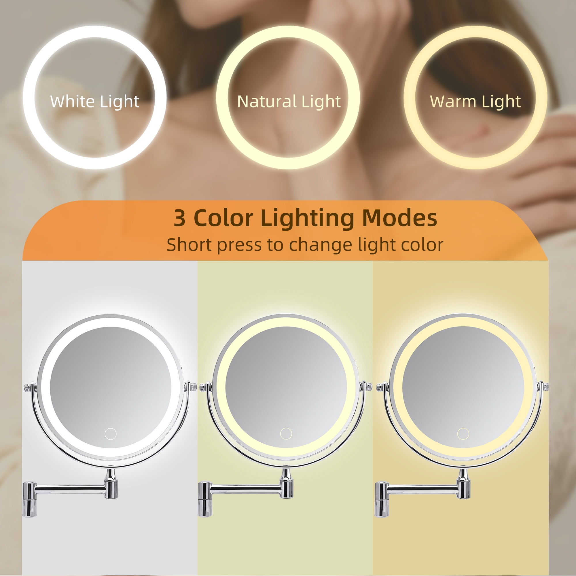 8-Inch Rechargeable Wall Mounted Makeup Mirror with Lights and 1X/10X Magnification, Double-Sided Bathroom Shaving Mirror, Chrome