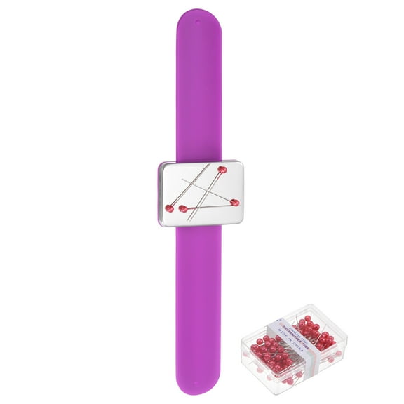 Magnetic Pin Holder Wristband Wrist Sewing Pincushion Silicone Strap Bracelet with 100 Plastic Head Pins, Purple