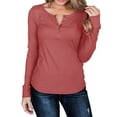 thumbnail image 3 of Jersey para mujer, camisa de manga larga, Color puro, informal, botón delgado, tejido acanalado frontal, túnica de otoño para otoño, primavera, rojo ladrillo M, 3 of 6