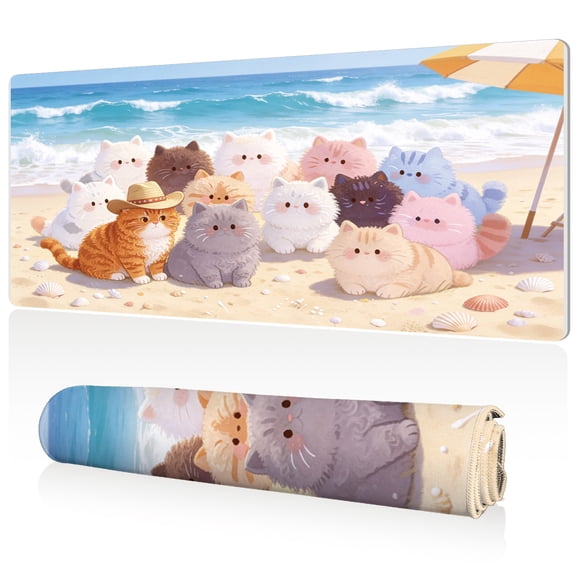 LIVEKEY Extra Large Mouse Pad with Cute Cartoon Cats on Beach Design 80x40x0.3cm Full Desk Coverage Non Slip Durable Easy Clean Stitched Edges for Gaming and Office