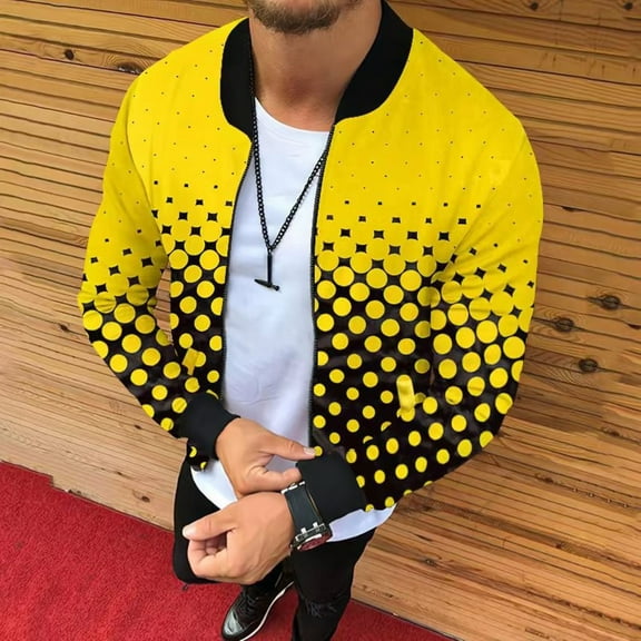 AOOCHASLIY Fall Clothes Men Zipper Casual Print Stand Collar with Long Sleeved Outwear Jacket