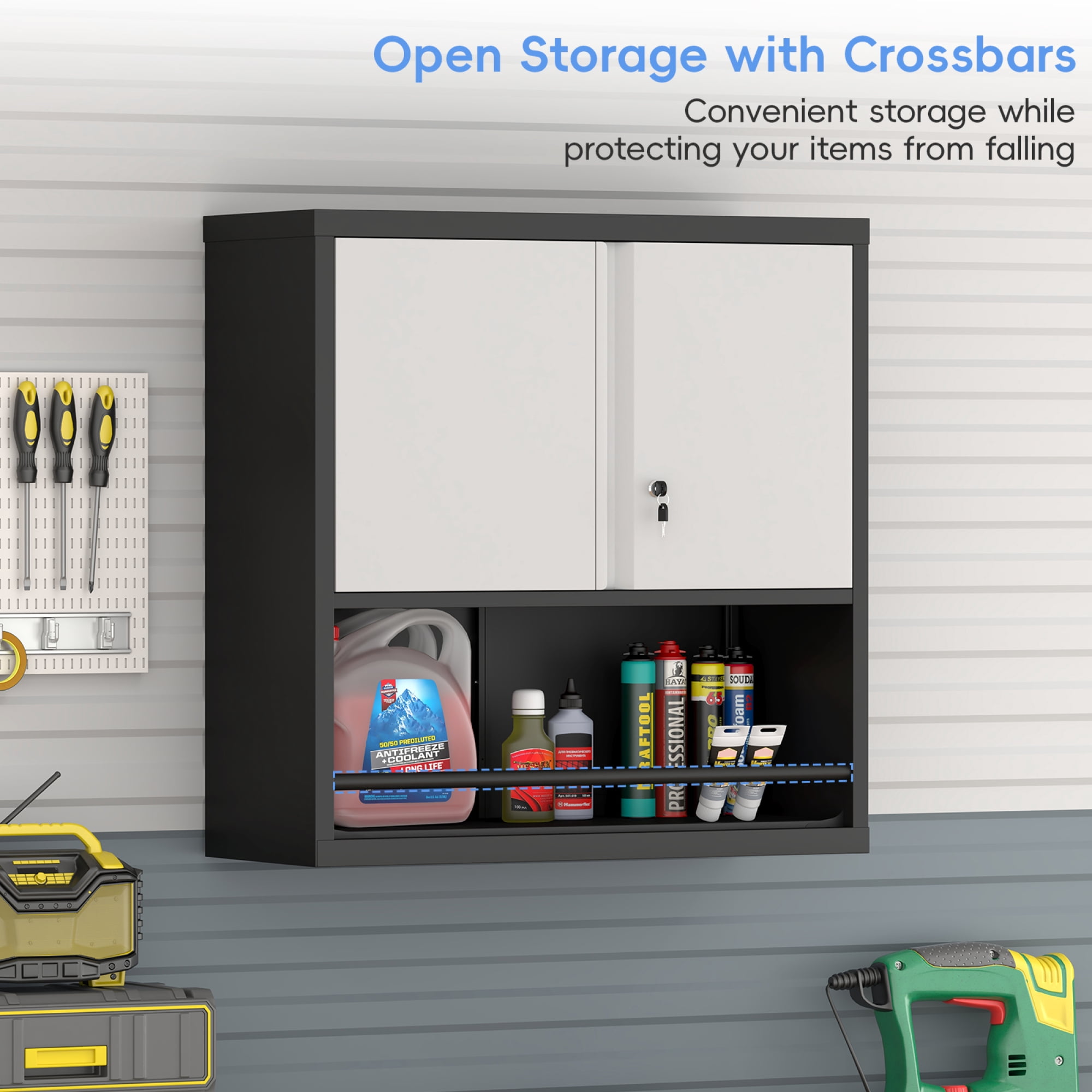 Kitchen Pantry Cabinet with Adjustable Shelves & 2 Doors,Metal Storage Cabinet with Locker for Kitchen,Living Room,Dining Room,Office,Black+Grey