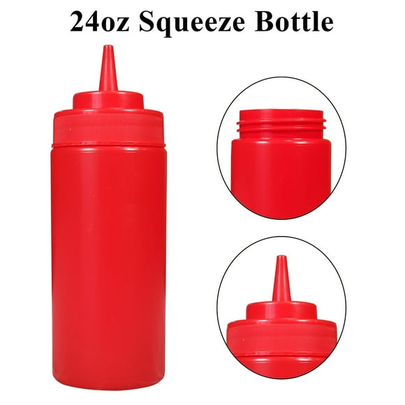 Pro-Kitchen 24 Oz (6 Count) Red Squeeze Condiment Bottles, Leakproof Reusable Plastic Squirt Bottle for Ketchup, BBQ, Salad, Dressing, Sauce and Pancake