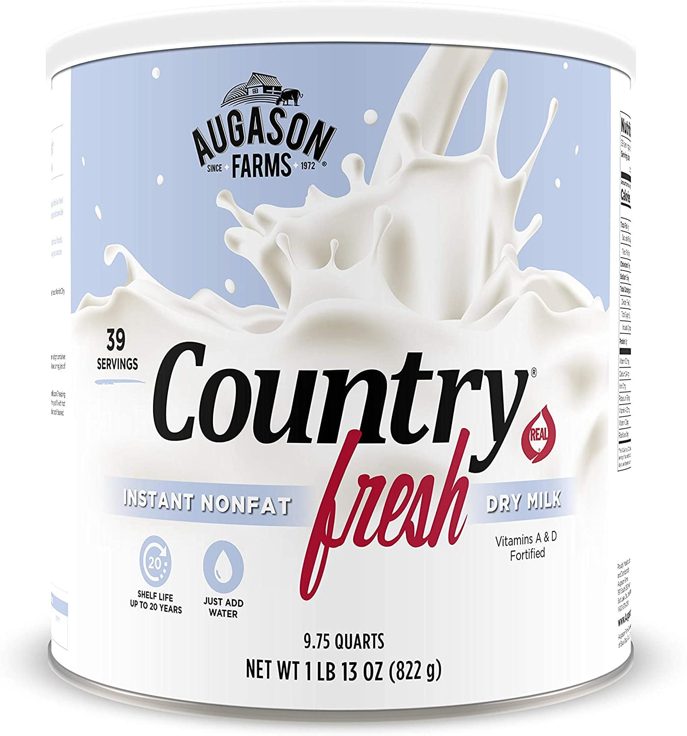 Augason Farms 5-90620 Country Fresh 100% Real Instant Nonfat Dry Milk, 1 lb, 13 oz