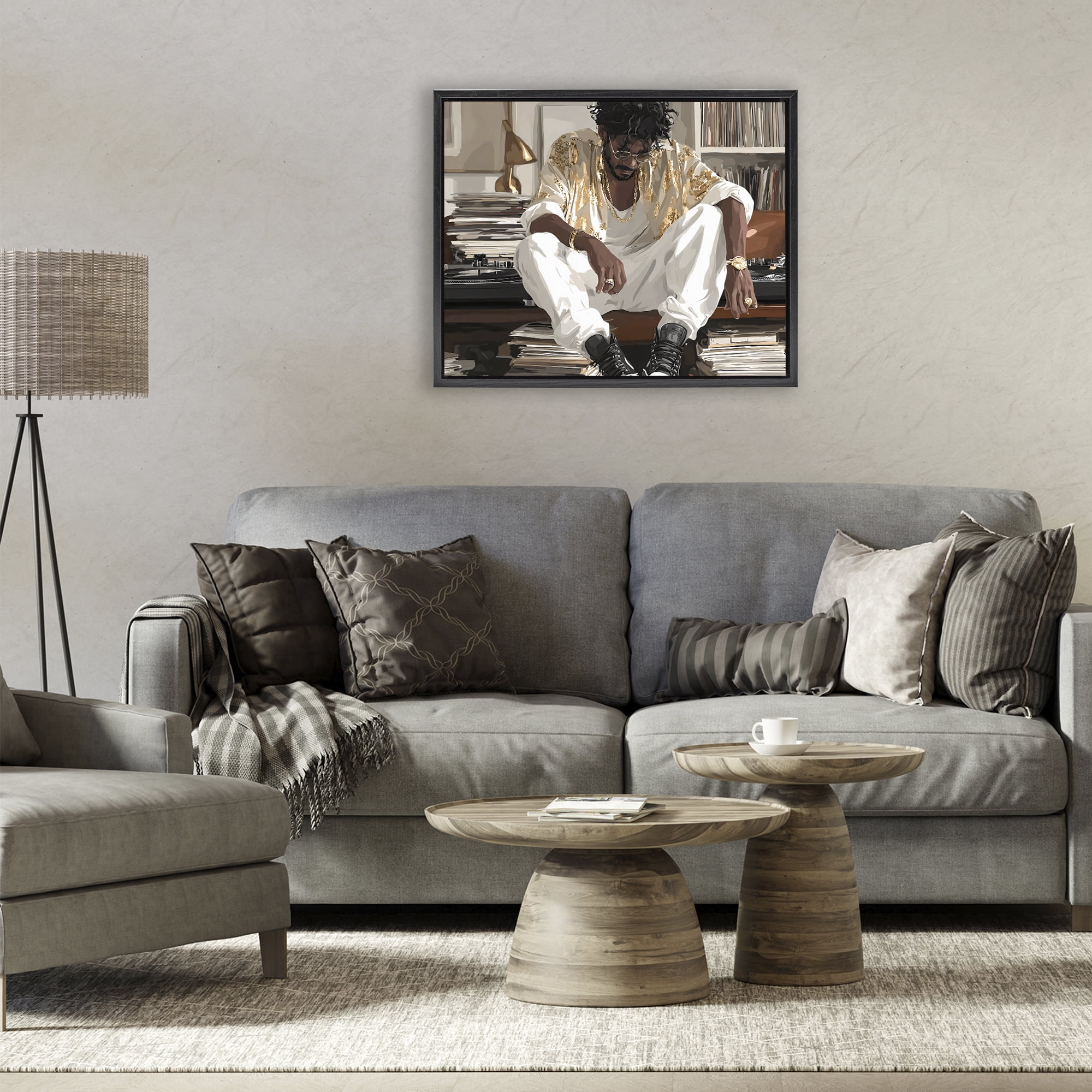 Stupell Industries DJ with Record Collection Black Framed Floater Canvas Wall Art, design by Franklyn Gregory