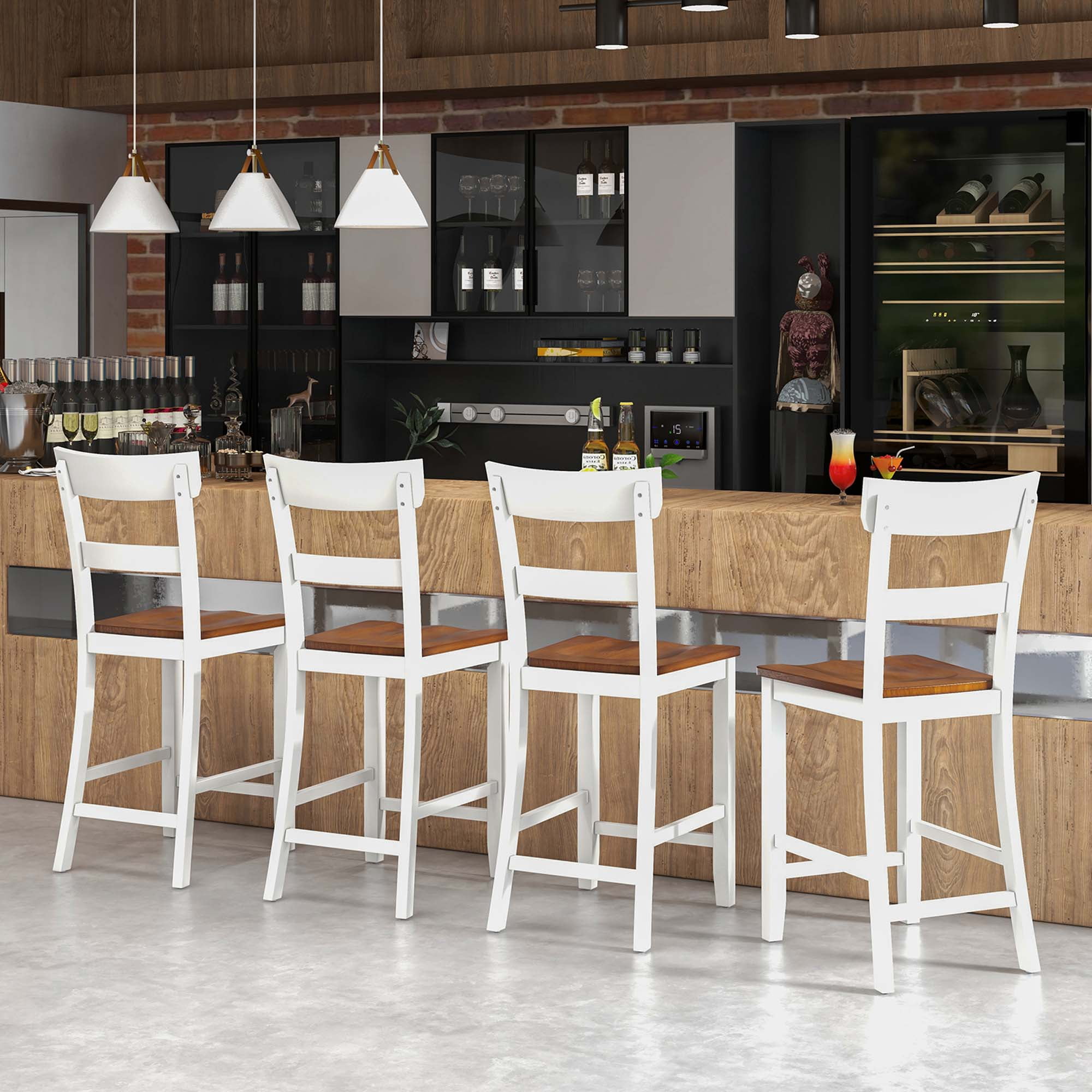 Costway Wooden Bar Stool Set of 4 Bar Chairs with LVL Rubber Wood Frame, Backrest, Footrest White
