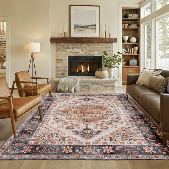 HOMCOM Area Rug 5x7, Non-Slip Machine Washable Rug, Boho Print Pattern Medallion Carpet for Living Room, Bedroom, Dining Room, Tawny Brown