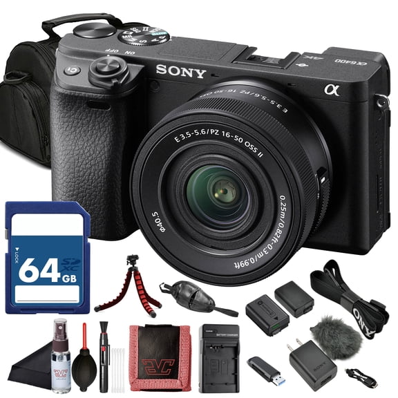 Sony Alpha a6400 Mirrorless Camera with 16-50mm Power Zoom Lens (ILCE-6400L/B), 24.2MP, 4K Video, 64GB Card and NP-FW50 Battery