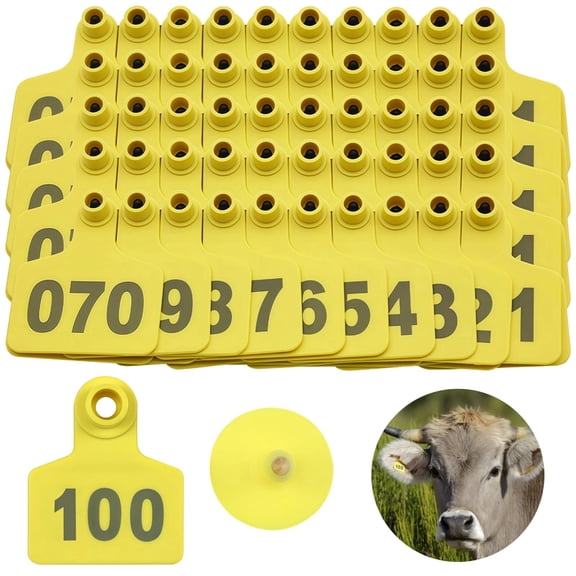 100 Pack Yellow Pig Ear Tags with Numbers – 1.9" x 1.6" Plastic Cattle Ear Tags, Farm Animal ID Tags for Livestock Management, Durable & Weatherproof