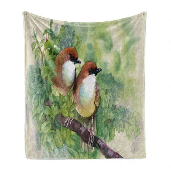 Birds Soft Flannel Fleece Throw Blanket, Pair of House Sparrow Birds Romantic Love Portrayal Watercolor Style Pastoralrt, Cozy Plush for Indoor and Outdoor Use, 50" x 70", Multicolor, by Ambesonne