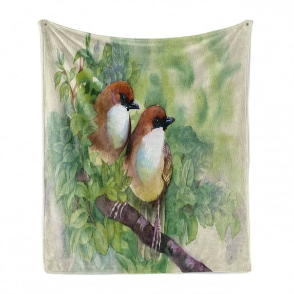 Birds Soft Flannel Fleece Throw Blanket, Pair of House Sparrow Birds Romantic Love Portrayal Watercolor Style Pastoralrt, Cozy Plush for Indoor and Outdoor Use, 60" x 80", Multicolor, by Ambesonne