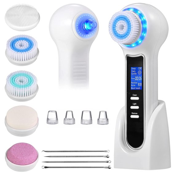 QD-Gotrays Face Scrubber Exfoliator,Facial Cleansing Brush Waterproof with LCD Screen,Blackhead Remover Vacuum with 5 Brush Heads,Face Spin Brush for Exfoliating, Massaging and Deep Pore Cleansing