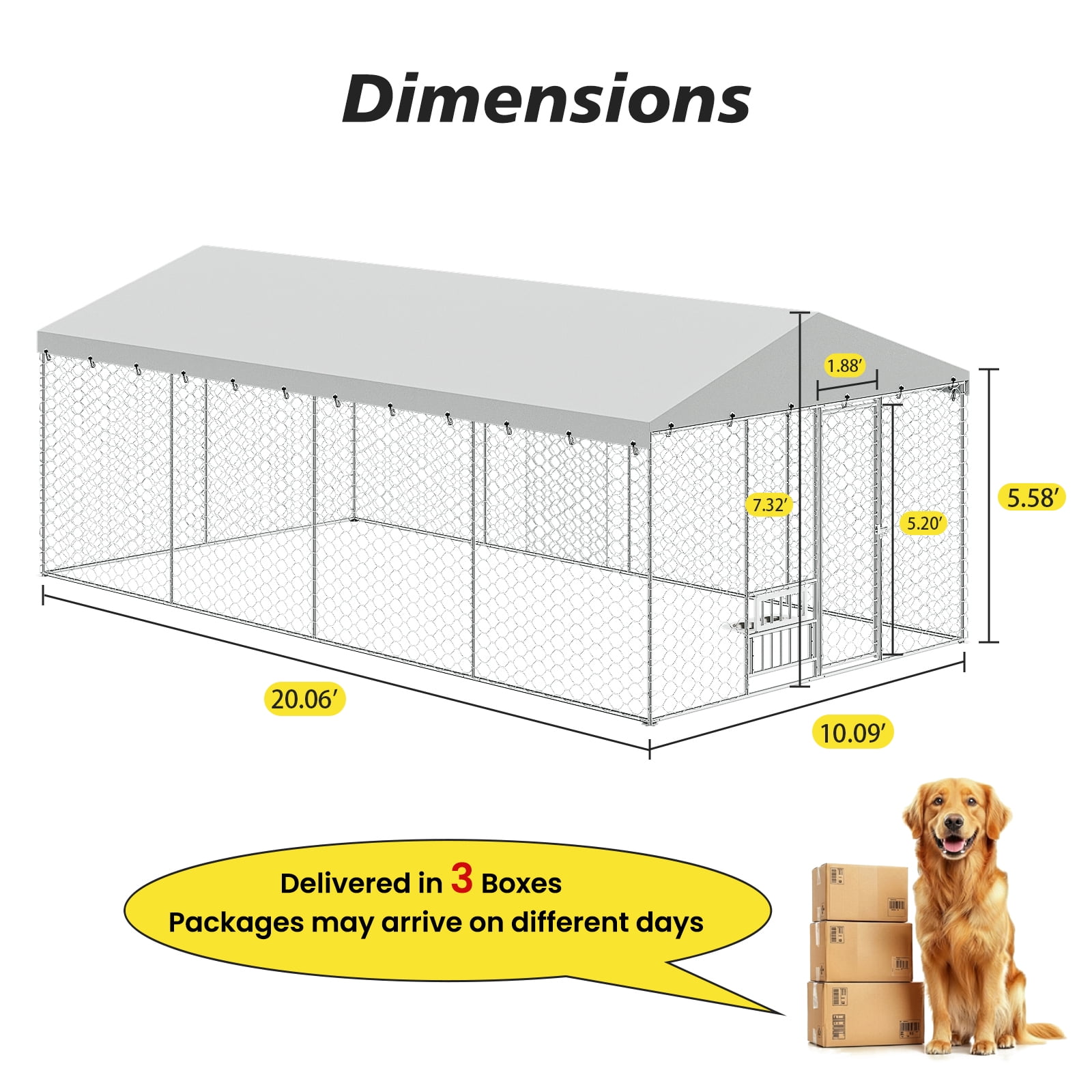 20x10 FT Large Outdoor Dog Kennel with Canopy,Heavy Duty Galvanized Steel,Waterproof Cover,Elevated Feeding Bowls,Escape-Proof Lockable Playpen for Large Dogs & Multiple Pets
