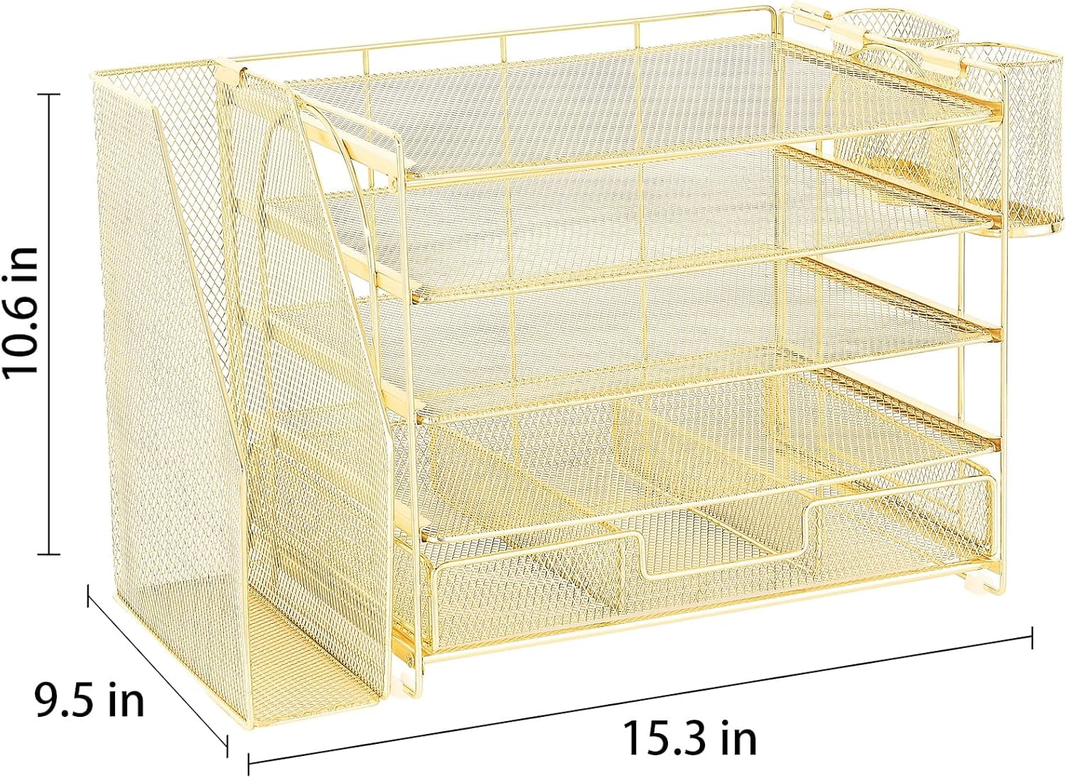 ThrottleT-Desk Organizers and Accessories with File Holder, 5-Tier Office Desk Accessories & Workspace Desktop Organizer with Drawer and 2 Pen Holder, File Paper Organizer for Office Supplies(Gold)