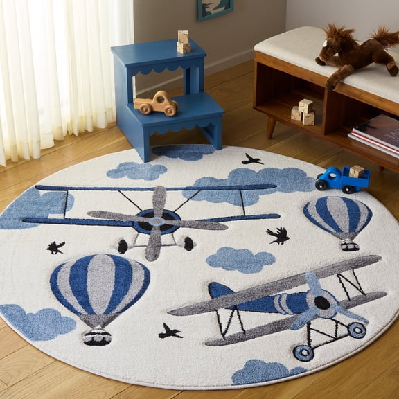 Safavieh Carousel Kids Biplanes in the Sky Area Rug, Ivory/Blue, 5'3" x 5'3" Round