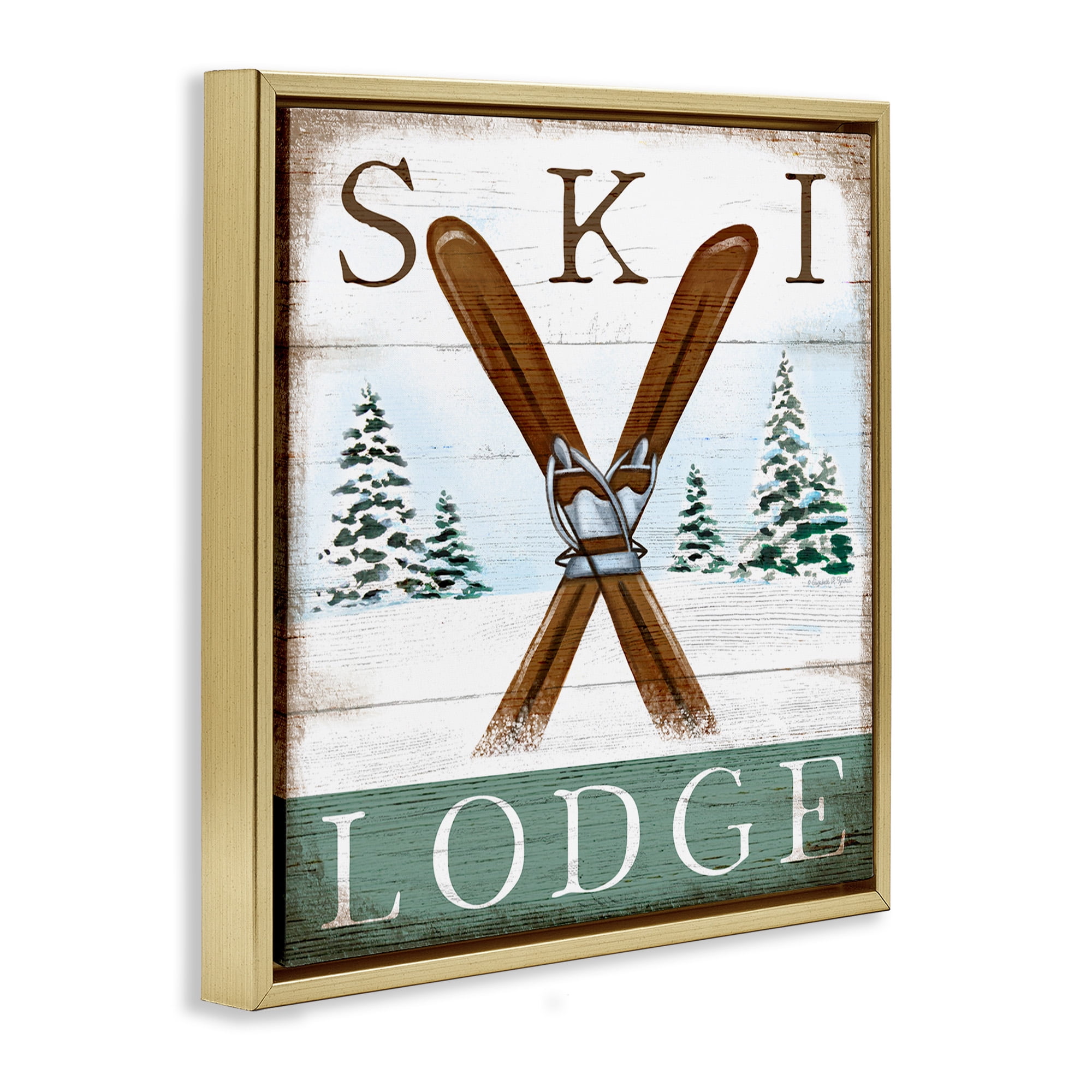 Stupell Industries Ski Lodge Rustic Cabin Sign Sports Painting Gold Floater Framed Canvas Art Print Wall Art, 25 x 25